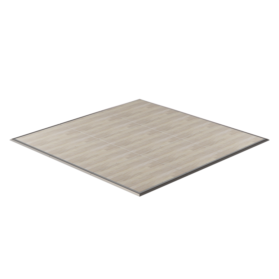 Light wood laminate flooring panel with grey trim, ideal for modern interior designs.
