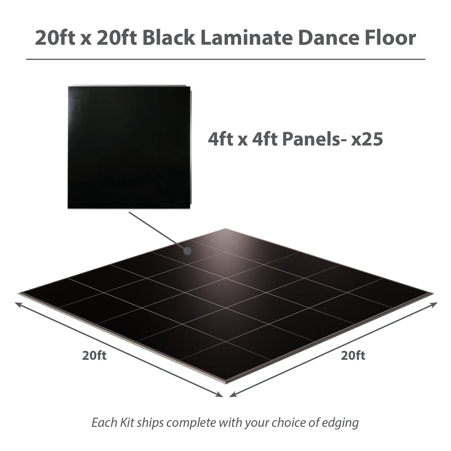 20ft x 20ft black laminate dance floor with 25 panels, ideal for events and performances.