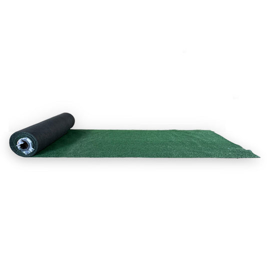 Green synthetic turf roll, durable, ideal for landscaping or recreational use, featuring a black backing.