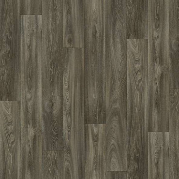 Dark gray wood-look vinyl flooring with realistic grain texture for stylish interior decor.