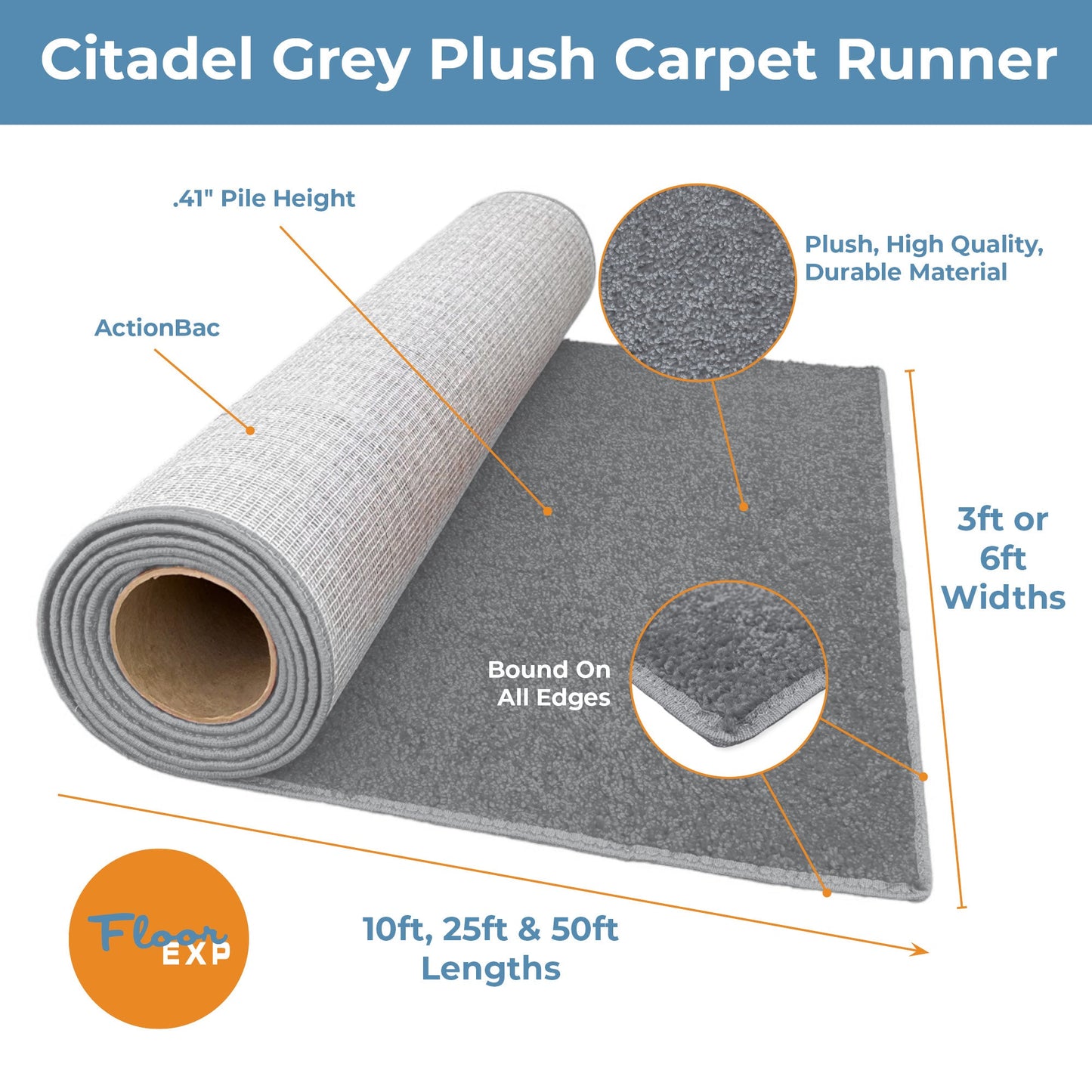 Citadel Grey Plush Carpet Runner, 0.41" pile height, durable material, available in multiple lengths and widths.