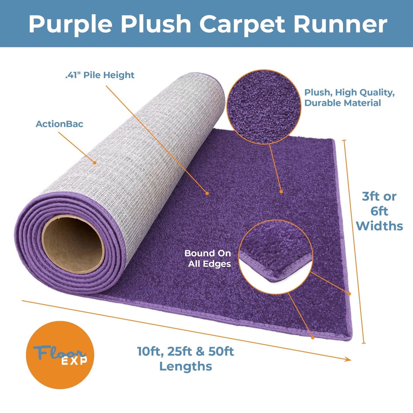 Purple plush carpet runner, 0.41" pile height, durable material, available in 3ft or 6ft widths, multiple lengths.
