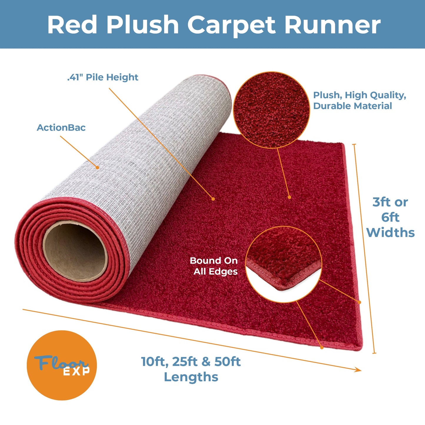 Red plush carpet runner with .41" pile height, available in widths of 3ft or 6ft and lengths of 10ft, 25ft, 50ft.