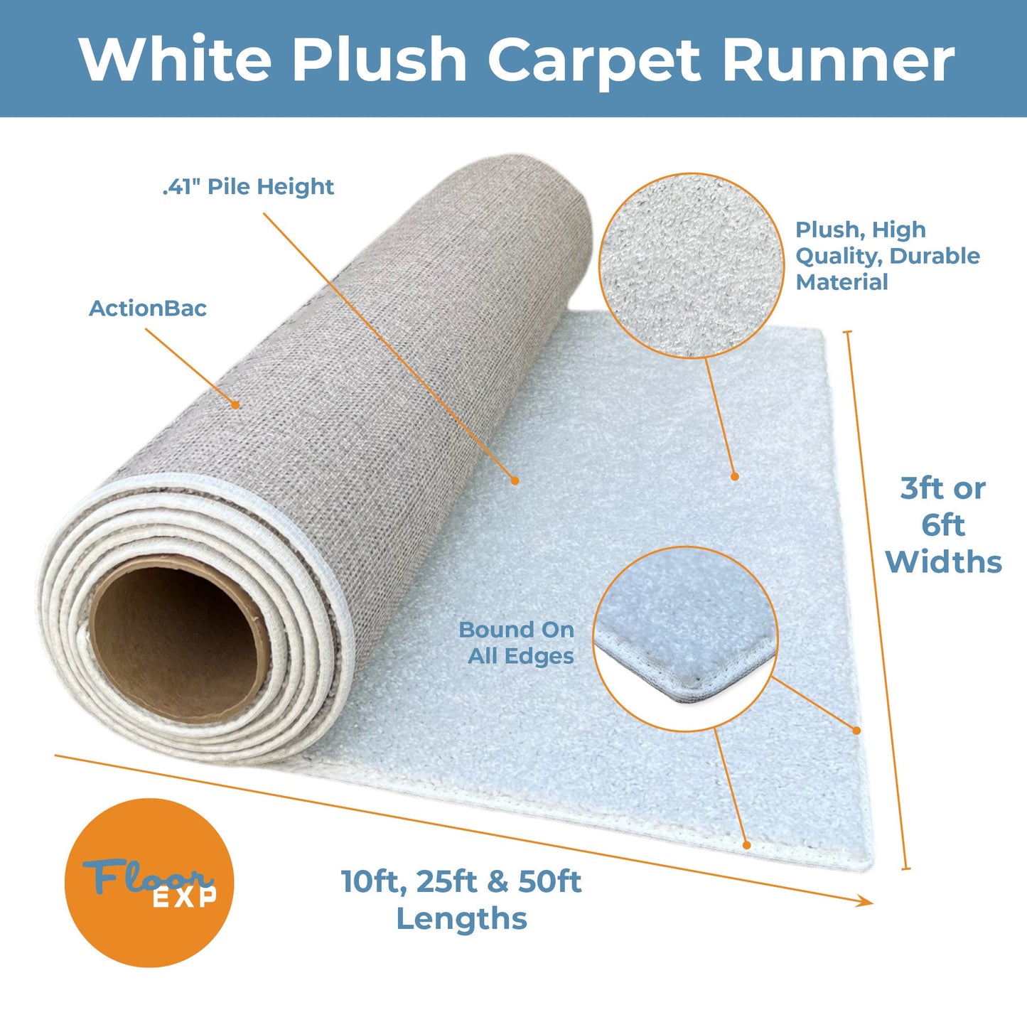 White plush carpet runner, 0.41" pile height, durable ActionBac material, available in various lengths.