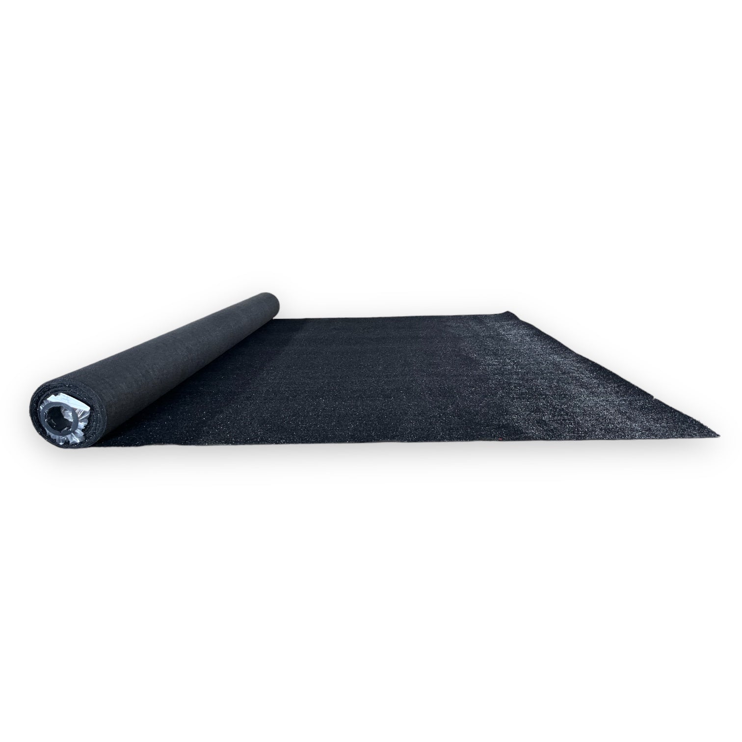 Black outdoor carpet roll, durable synthetic material, ideal for patios and decks.