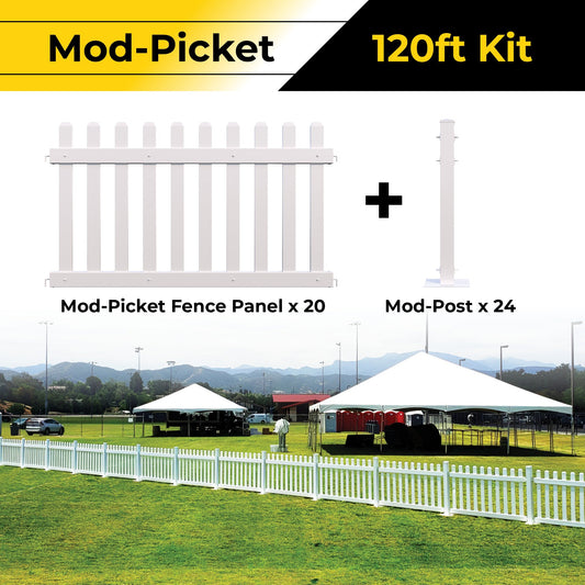 Mod-Picket 120ft fencing kit with 20 white fence panels and 24 posts for outdoor use.