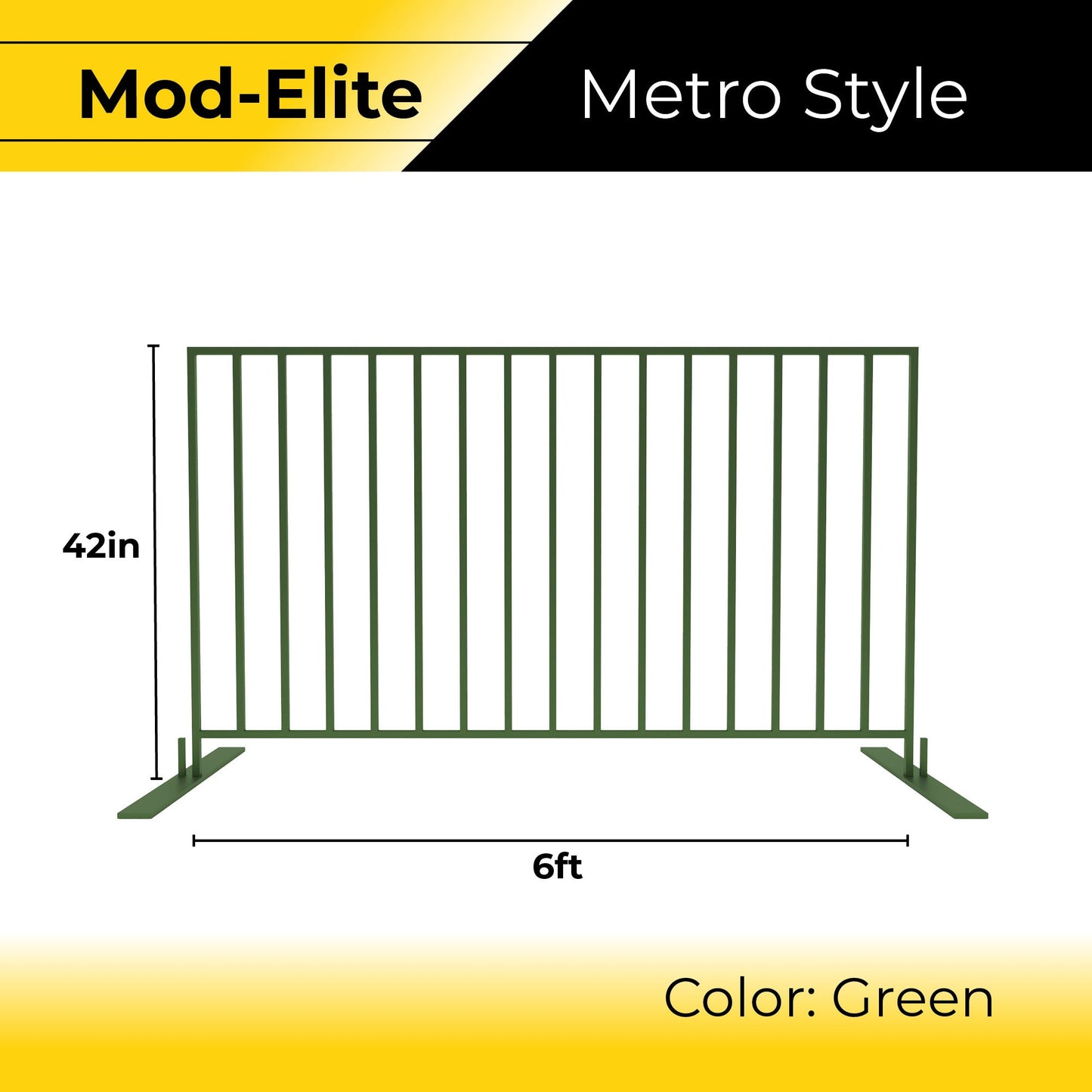 Mod-Elite Metro Style fence, 42in height, 6ft width, green metal, perfect for modern outdoor spaces.