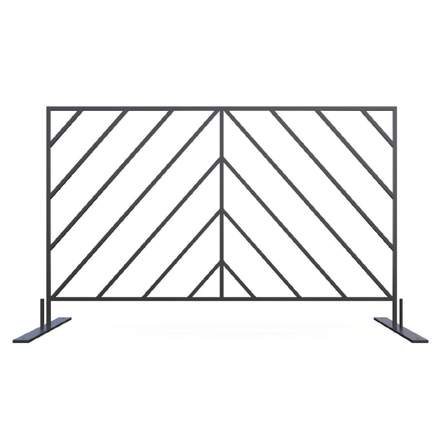 Modern black metal decorative panel with a chevron design, perfect for indoor or outdoor spaces.