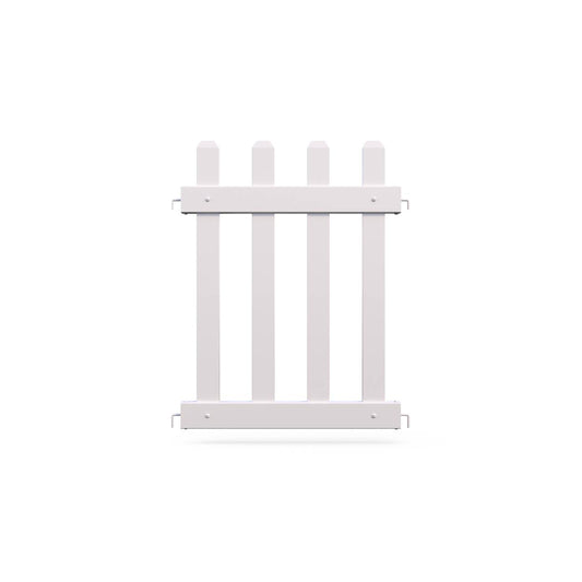White wooden garden fence panel with four pickets and two horizontal rails.