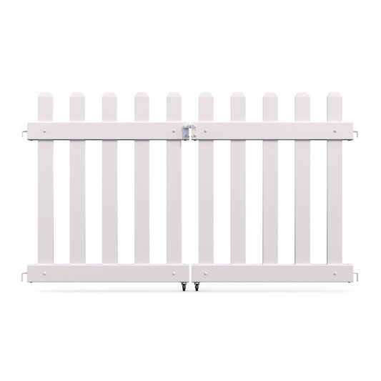 White wooden double gate with vertical slats and a secure latch for easy access.