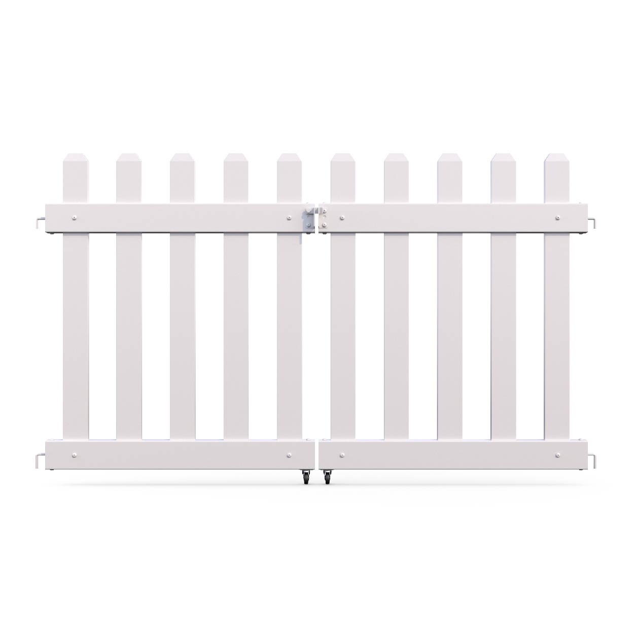 White wooden double gate with vertical slats and a secure latch for easy access.