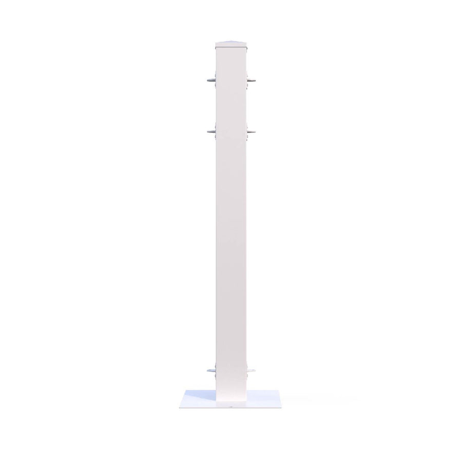 Sleek white display stand made of sturdy metal for showcasing products securely.