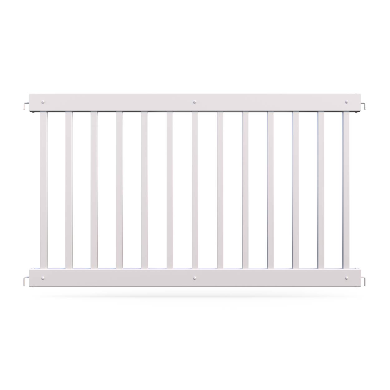 White aluminum safety gate with vertical slats, perfect for child or pet protection in home environments.
