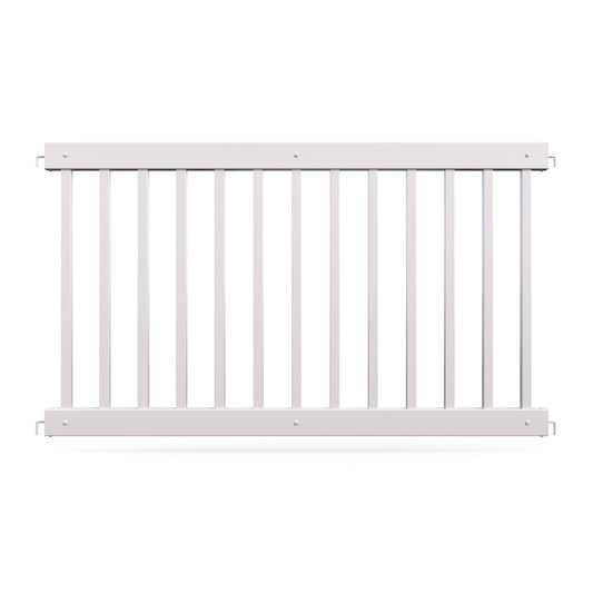 White aluminum safety gate with vertical slats, perfect for child or pet protection in home environments.