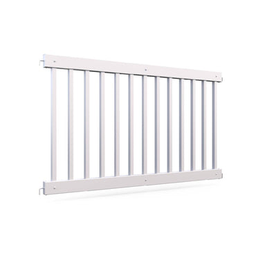 White aluminum balcony railing with vertical slats, designed for safety and modern aesthetics.