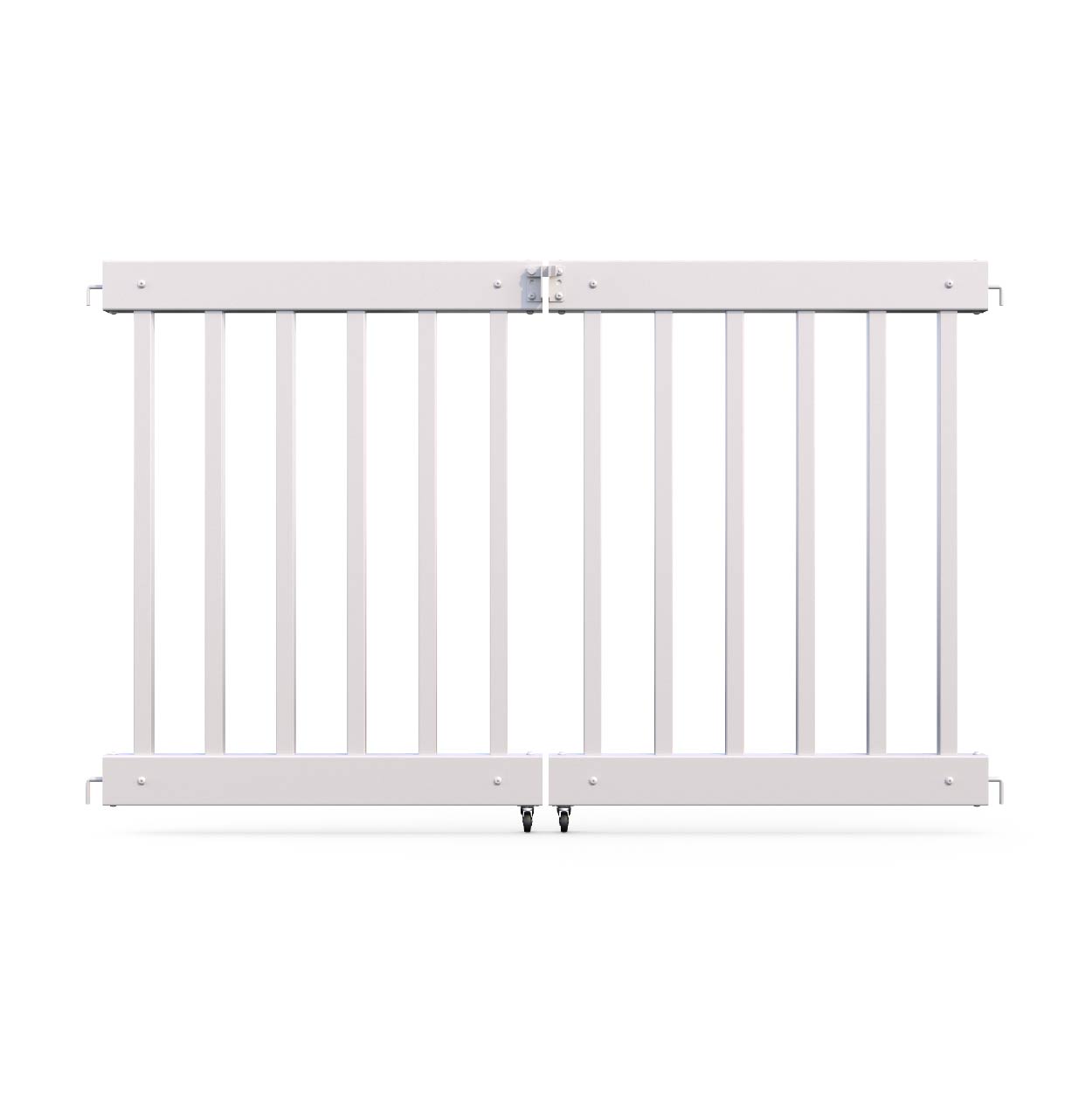 White wooden safety gate with vertical slats and secure latch, perfect for childproofing spaces.