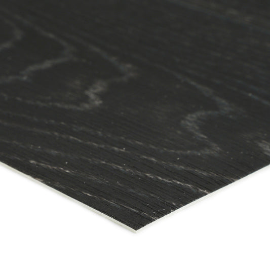 Close-up of a black wood laminate sheet, featuring a textured surface and sleek design.