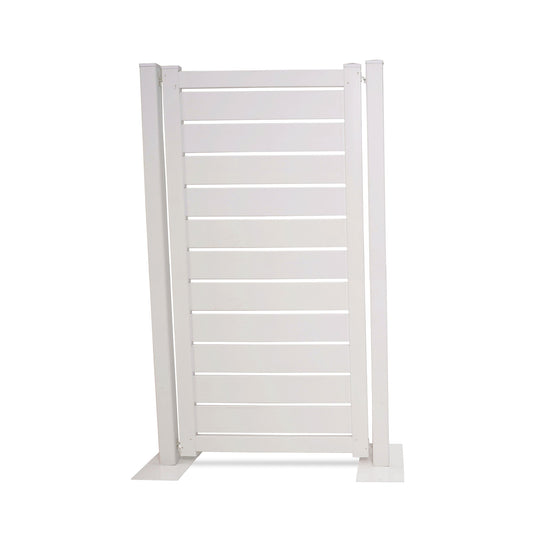 White vinyl privacy fence panel with horizontal slats and sturdy posts, ideal for outdoor spaces.