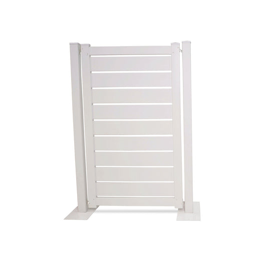 White wooden privacy fence panel with slatted design, perfect for outdoor spaces and gardens.