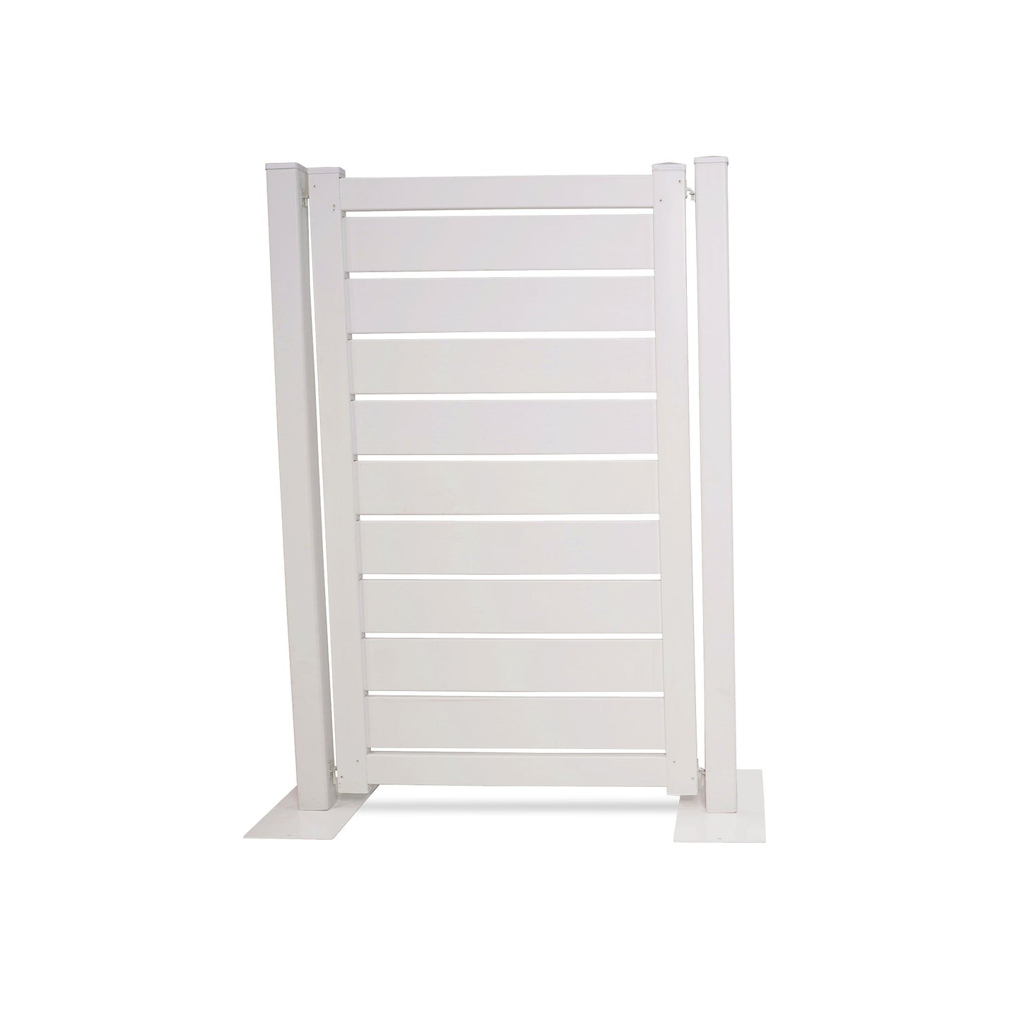 White wooden privacy fence panel with slatted design, perfect for outdoor spaces and gardens.