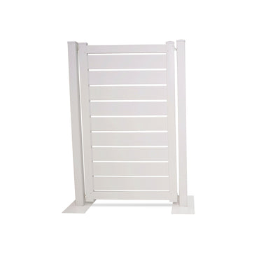 White wooden privacy fence panel with slatted design, perfect for outdoor spaces and gardens.