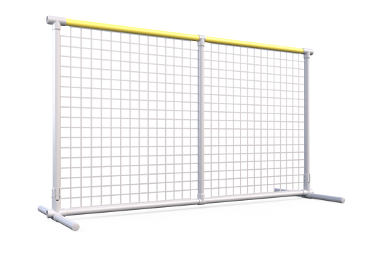 Durable white tennis windscreen with yellow top rail, ideal for outdoor sports protection and privacy.
