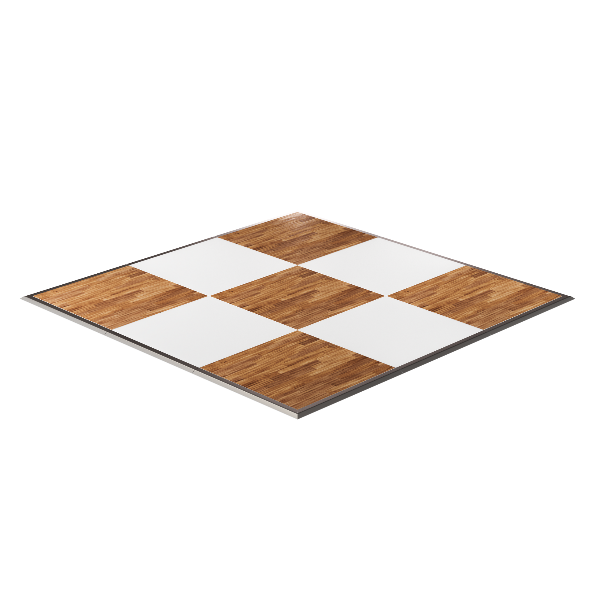 Wooden chessboard with alternating white and brown tiles, stylish and durable for games.