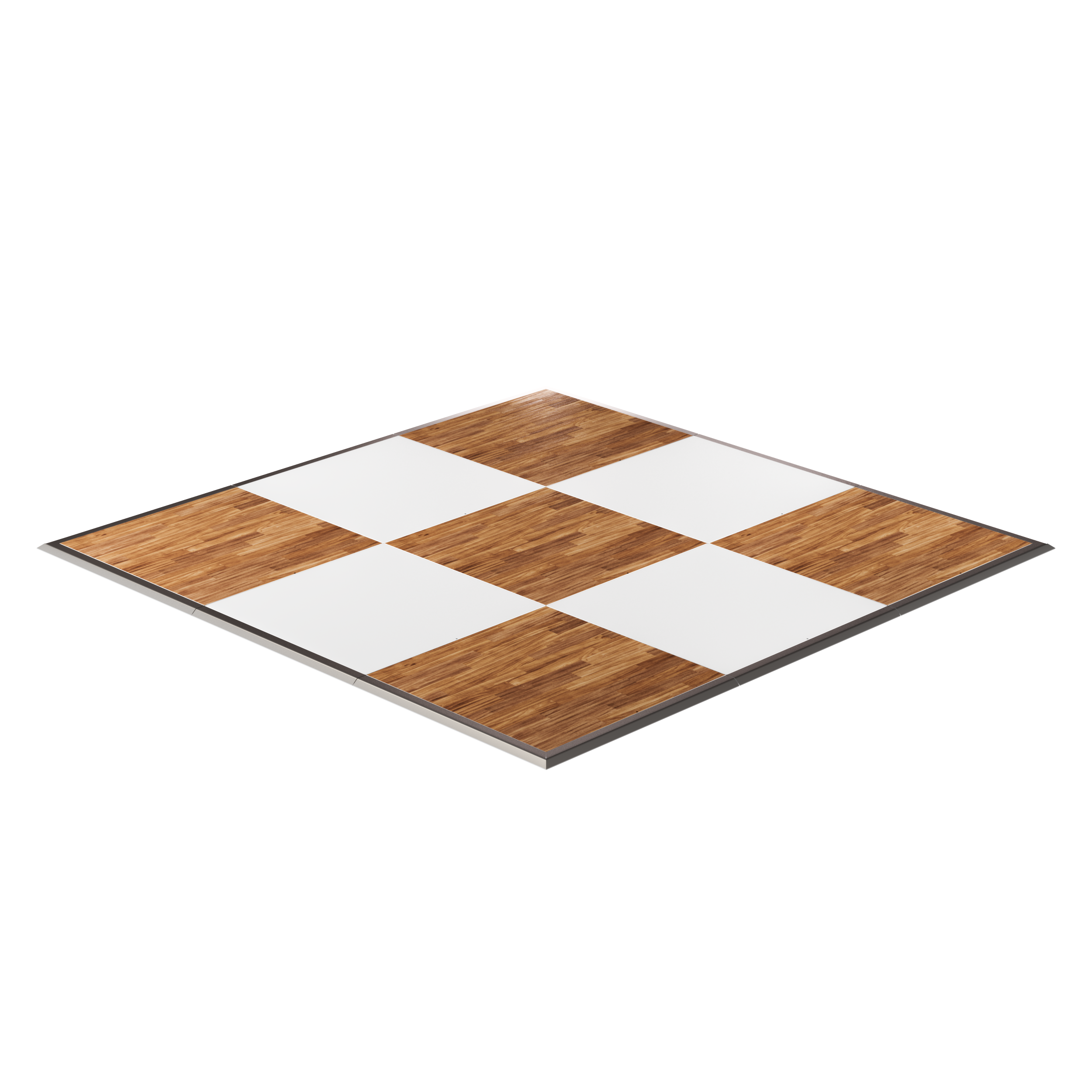 Wooden chessboard with alternating white and brown tiles, stylish and durable for games.