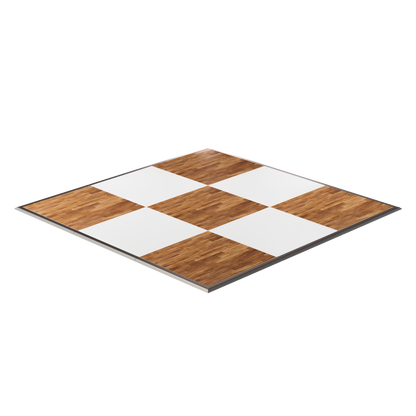 Wooden chessboard with alternating white and brown tiles, stylish and durable for games.