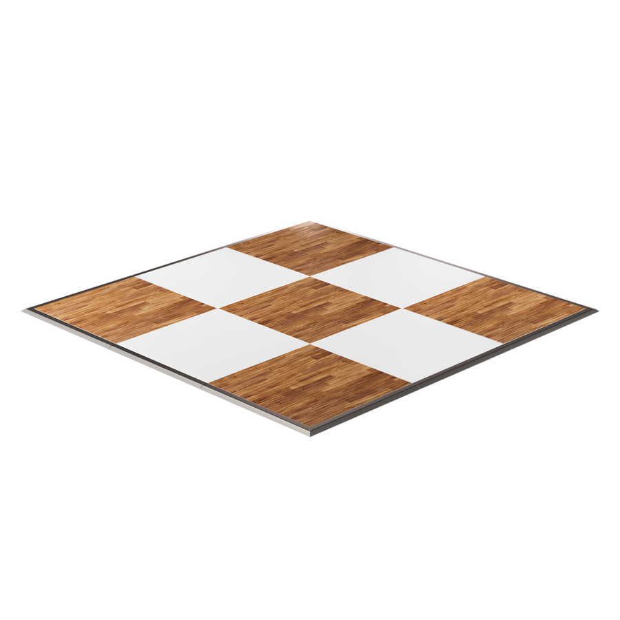 Wooden chessboard with alternating white and brown tiles, stylish and durable for games.