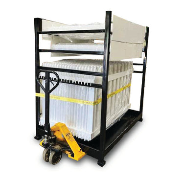 Heavy-duty storage rack for construction materials, featuring a black metal frame and bundled white panels.