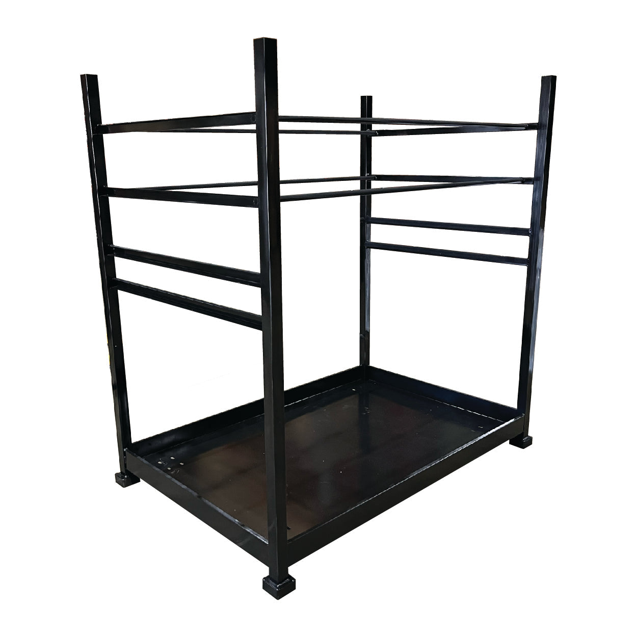 Heavy-duty black metal display rack with multiple shelves for organizing products.
