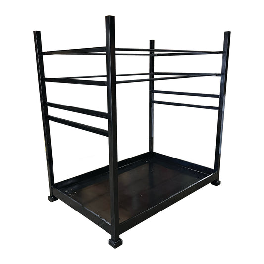 Heavy-duty black metal display rack with multiple shelves for organizing products.