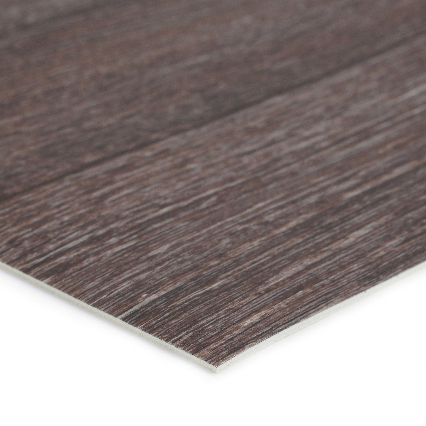 Close-up of dark wood laminate flooring, featuring a textured surface and a durable, waterproof design.