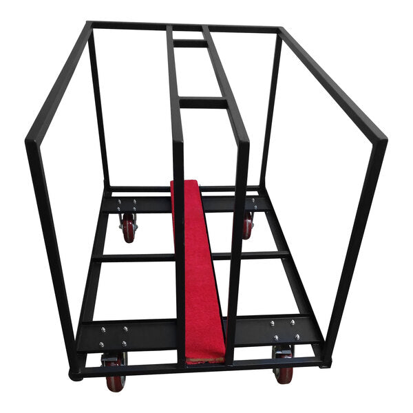 Heavy-duty black utility cart with red loading mat and rolling wheels, ideal for warehouse or storage use.