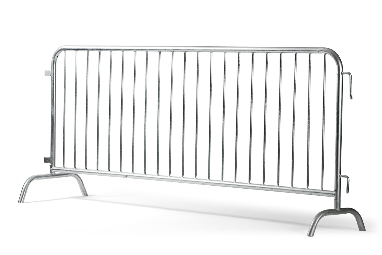 Steel crowd control barrier, galvanized metal, sturdy design for events and security use.