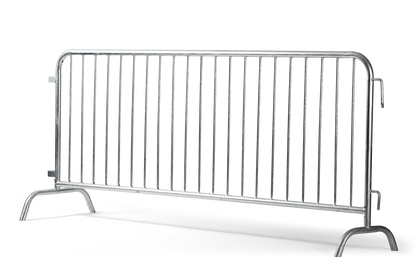 Steel crowd control barrier, galvanized metal, sturdy design for events and security use.