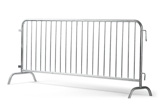 Steel crowd control barrier, galvanized metal, sturdy design for events and security use.