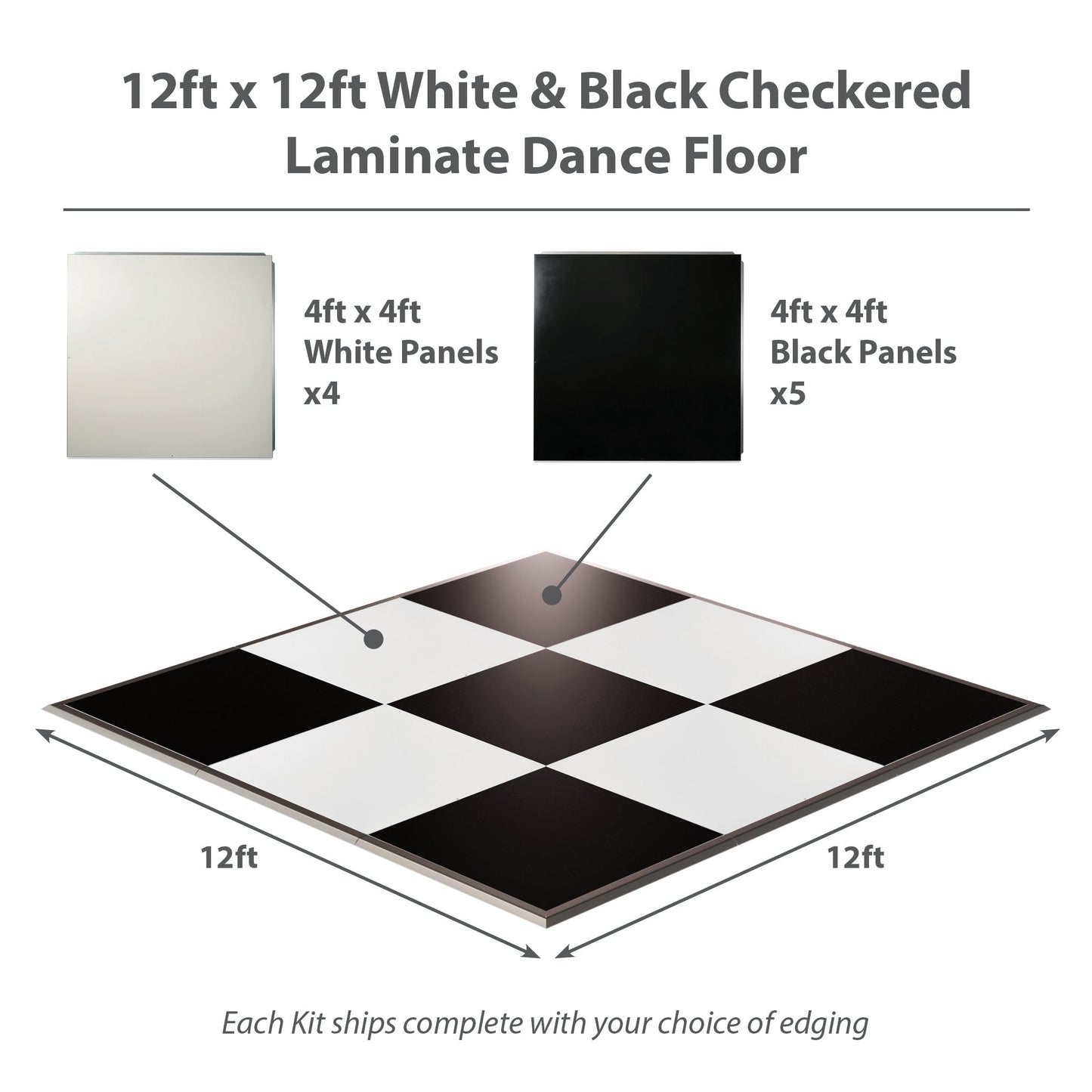 12x12ft black and white checkered laminate dance floor, featuring 4 white and 5 black 4x4ft panels.