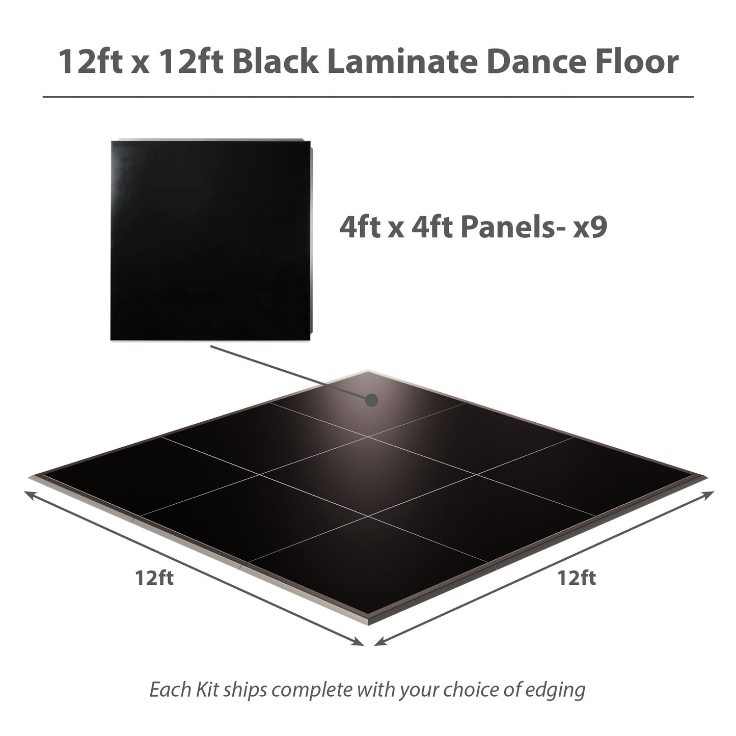 12ft x 12ft black laminate dance floor with nine 4ft panels, ideal for events and performances.
