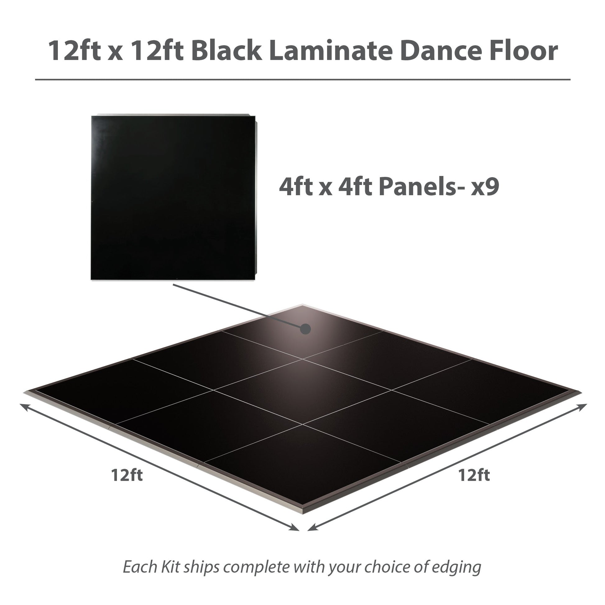 12ft x 12ft black laminate dance floor with nine 4ft panels, ideal for events and performances.