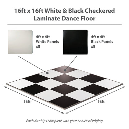 16ft x 16ft laminated dance floor with white and black checkered panels, includes 8 white and 8 black panels.