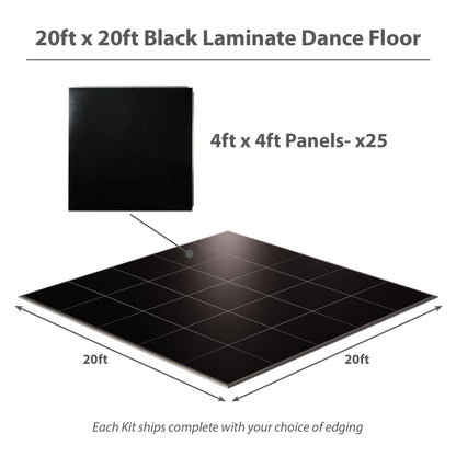 20ft x 20ft black laminate dance floor with 25 panels, ideal for events and performances.