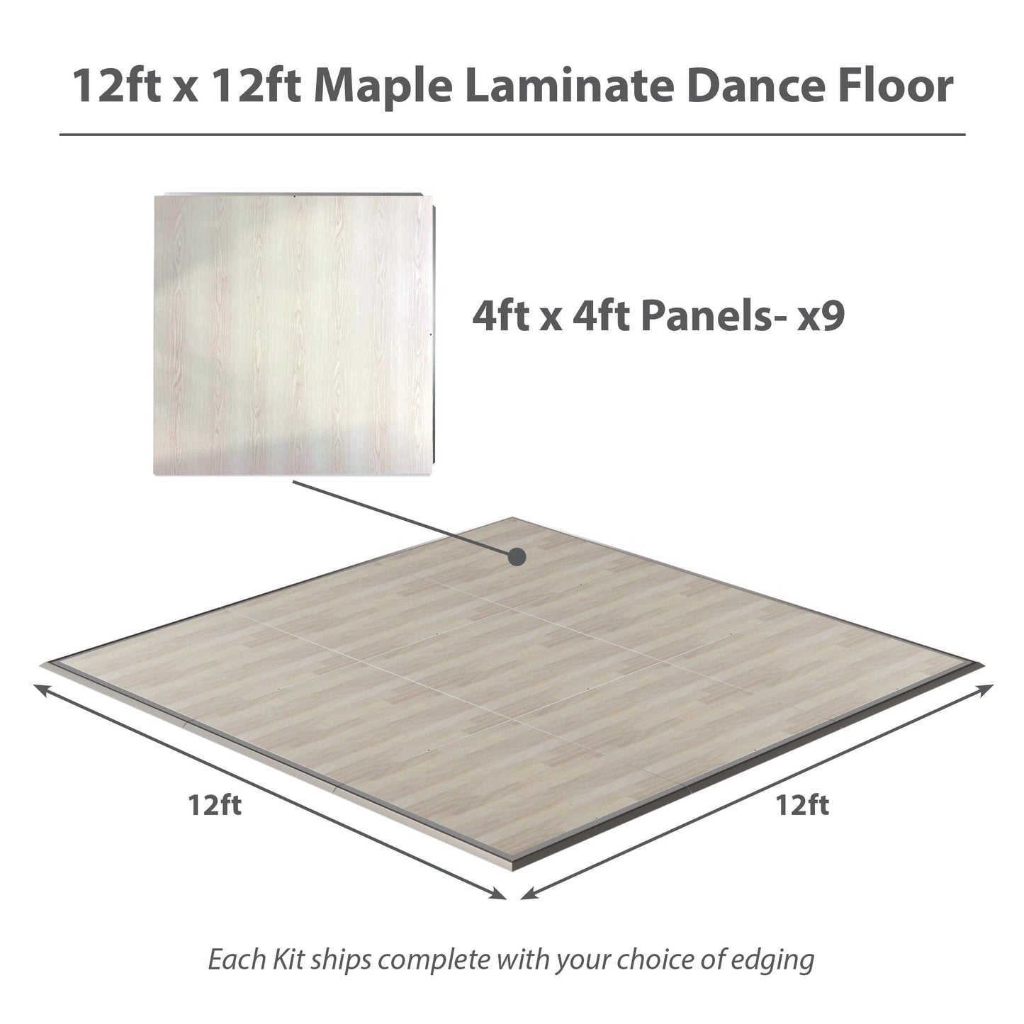 12x12ft maple laminate dance floor, featuring 9 durable 4x4ft panels for easy assembly and versatile use.