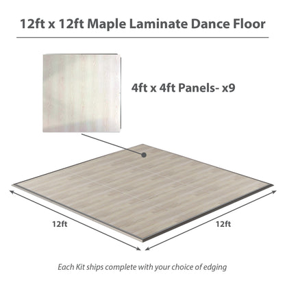 12x12ft maple laminate dance floor, featuring 9 durable 4x4ft panels for easy assembly and versatile use.