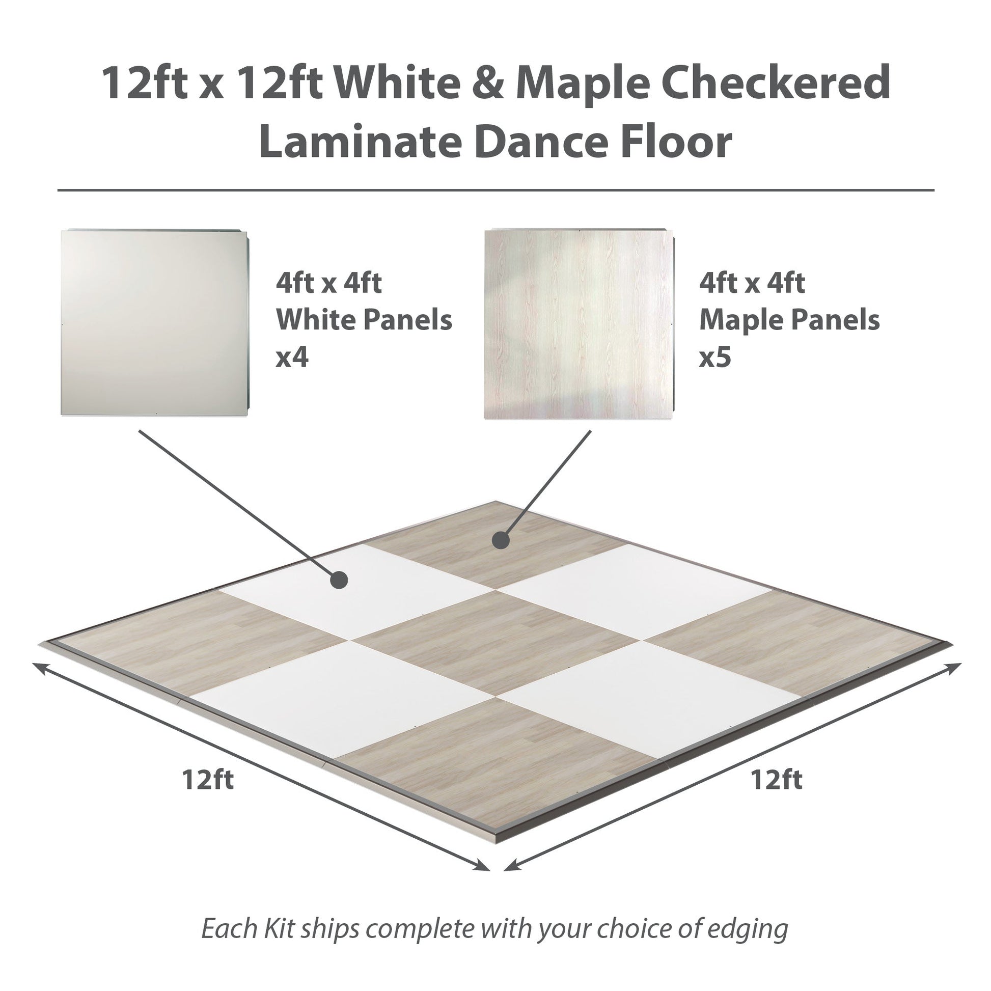12ft x 12ft white and maple checkered laminate dance floor with 4 white and 5 maple panels.