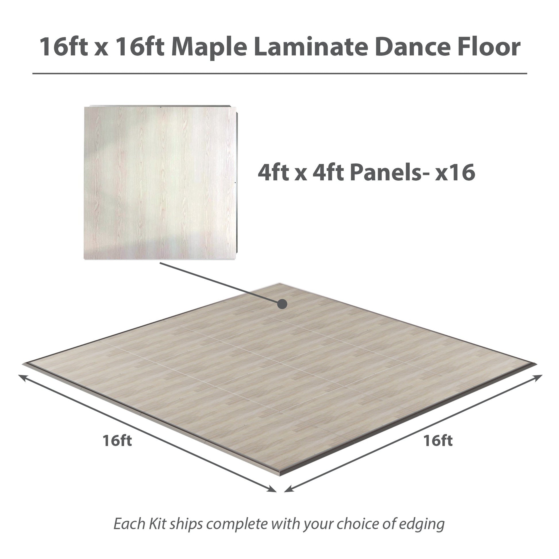 16x16 ft maple laminate dance floor, featuring 4x4 ft panels, perfect for events and dance performances.