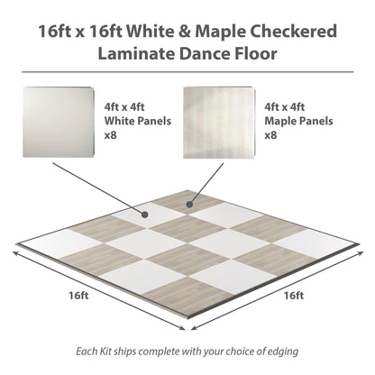 16ft x 16ft white and maple checkered laminate dance floor with sturdy panels for events.