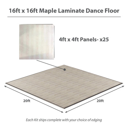 16x16ft maple laminate dance floor kit with 25 panels, ideal for events and performances.