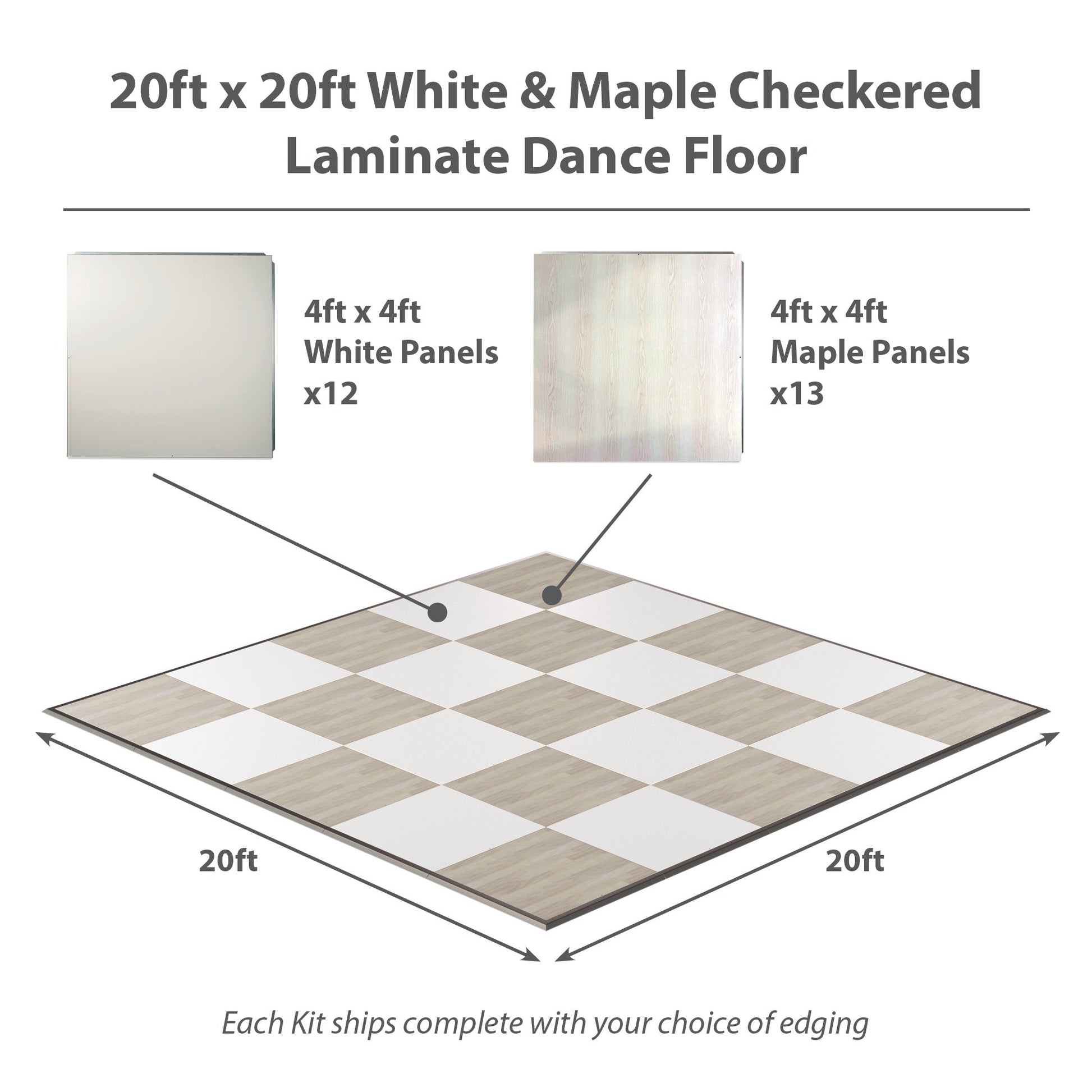 20x20ft white and maple checkered laminate dance floor with 12 white and 13 maple panels.